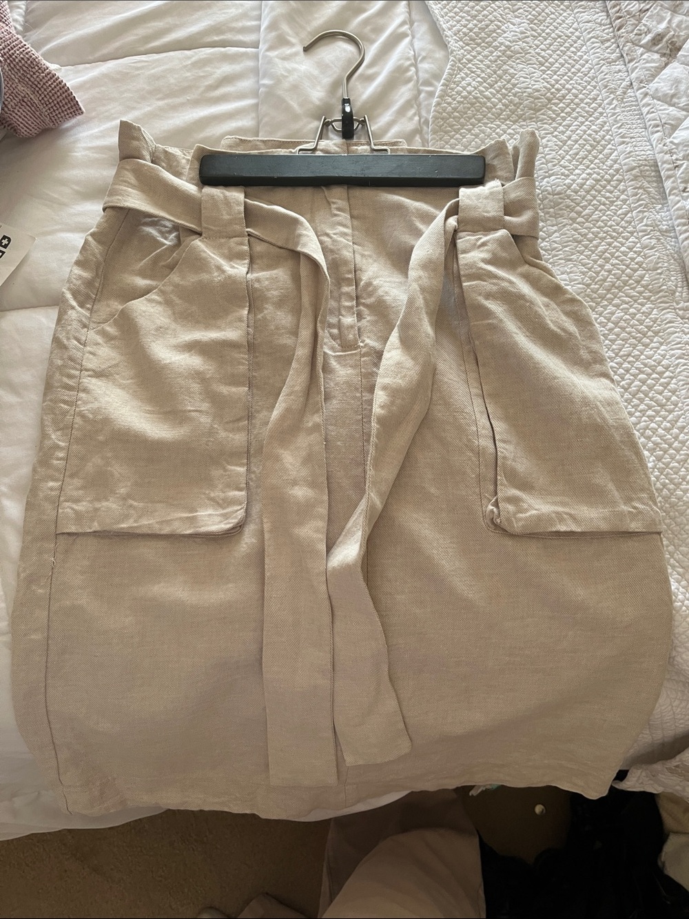 H&M Beige Linen-Blend Paperbag Waist Pencil Skirt